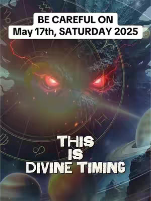 The image is a vividly colored, fantasy-themed composition. The main elements include a central, ominous-looking face with glowing red eyes, set against a complex background that features a partial astrological chart and celestial patterns. The overall color scheme is dominated by dark blues, purples, and greens, with bright red accents from the eyes and within the face's intricate details. Text overlays are placed at the top and bottom of the image, conveying a message related to timing and caution. The layout is dramatic, employing a sense of depth and mystery, with the astrological elements and celestial bodies adding layers of complexity.