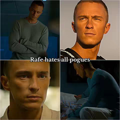 The cover image is a collage of four different shots of a young man with short, light-colored hair. The top left shows him with arms crossed, the top right is a close-up of his face, the bottom left shows him looking down with a nose ring, and the bottom right has him looking at a phone in bed. The color scheme is muted with some brighter golden tones in the top right. Text overlay says: Rafe hates all-pogues.