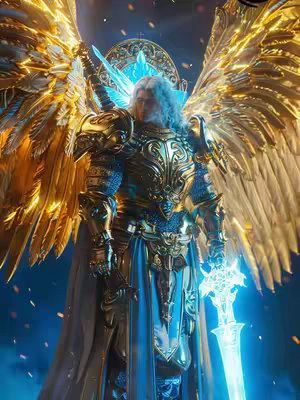 A digital rendering of Archangel Michael. He is shown from the chest up with golden, feathered wings spread wide. He wears golden armor over blue garments, and a headpiece composed of blue crystal with a halo. In his right hand, he holds a glowing blue sword. The background is a dark and blurred depiction of a celestial realm with touches of sunlight. The overall palette is dominated by golds, blues, and whites, and it evokes a sense of divinity and power.