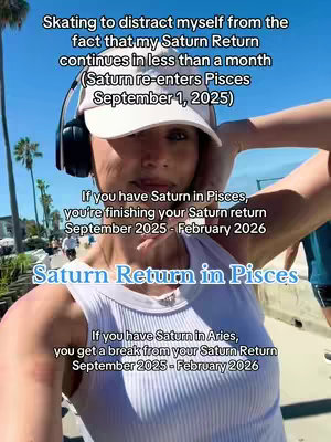 A selfie-style image of a woman wearing a white cap and headphones, set against a blurred outdoor background. Text overlays provide astrological information about the Saturn return.