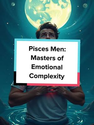 The image features a man standing in water against a background of a large, illuminated moon. A rectangular text overlay with the title "Pisces Men: Masters of Emotional Complexity" is positioned in front of him. The man is looking skyward.