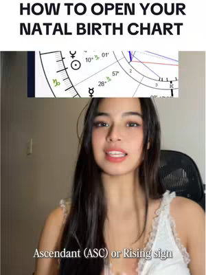 The cover image is a selfie video shot with a woman in front of a screen. The screen has an image of a natal birth chart with lines, symbols, and numbers. Above the woman`s head is a title overlayed on the top half of the image. Below the woman`s face and near the bottom of the image are the words "Ascendant (ASC) or Rising sign". The woman has brown hair and is wearing a white top.