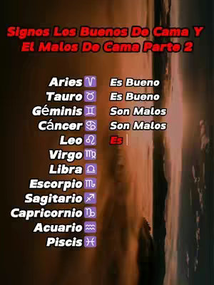 The image is a vertical graphic with a gradient background transitioning from dark brown to a lighter brown. At the top, bold red text states "Signos Los Buenos De Cama Y El Malos De Cama Parte 2." Below, a list of zodiac signs, each paired with a symbol and a brief description. Aries and Taurus are labeled "Es Bueno," Gemini and Cancer are "Son Malos," and Leo has "Es" with Virgo, Libra, Escorpio, Sagitario, Capricornio, Acuario, and Piscis each having its respective symbol.