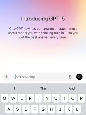The cover image features a screenshot of a mobile phone screen displaying what seems to be a ChatGPT interface. The background is a gradient in pastel colors. At the top, there's a title in large, dark text: "Introducing GPT-5." Below this title is a description in darker text detailing ChatGPT's features. At the bottom is a keyboard interface with the prompt: "Ask anything."
