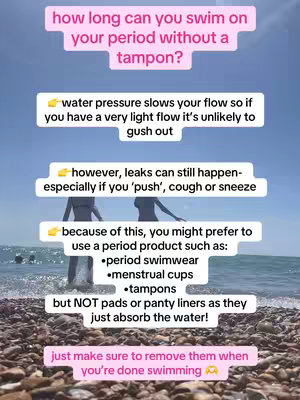 The cover image is a vertical graphic with a bright blue background. It includes overlaid text and a photograph of a beach scene. At the top, text is displayed in a pink box. Below this are four bullet points with explanatory text. The bottom of the image contains a pink box with additional advisory text. The photograph in the middle shows blurred silhouettes of two people in bikinis, standing near the shoreline with a bright blue sky and sea.