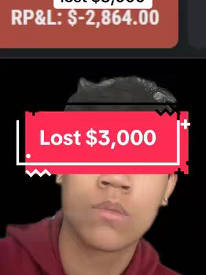 The image features a young man with dark, slightly messy hair and a serious expression. A red rectangle with white text "Lost $3,000" overlays his face. Above, a smaller rectangle displays financial information with the text "RP&L: $-2,864.00". The background is solid black, allowing the subject and text elements to stand out.