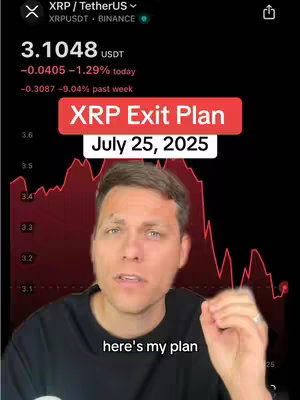The cover image shows a man in a black shirt looking directly at the camera. Behind him is a real-time graph representing the price movement of a cryptocurrency, with red lines on a black background. Overlaid on the background are text boxes that feature the label 'XRP Exit Plan' and 'July 25, 2025'.