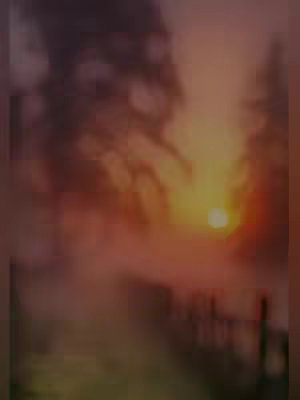 A blurred image of a sunset over a slightly obscured landscape. The sun itself is a bright, central focal point, with a bright glow. Hints of silhouettes of trees or similar natural elements are visible on either side. The overall color scheme is dominated by warm tones of orange, yellow, and hints of pink and purple, creating a serene and peaceful atmosphere.