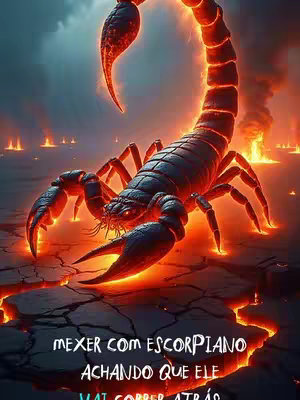 A digitally created image of a scorpion with a fiery glow, set against a backdrop of a volcanic landscape. The scorpion is the central element, rendered in dark hues with red and orange accents emphasizing its body segments and claws. The background depicts a fiery scene with erupting flames, lava, and a crackling surface. Text is overlaid in the bottom third in white letters, informing the viewer.