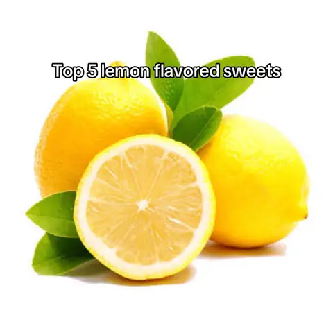 The image features three whole lemons and one lemon sliced in half. The lemons are bright yellow with green leaves and a white background. Text overlayed on top reads 'Top 5 lemon flavored sweets'. The layout is simple.