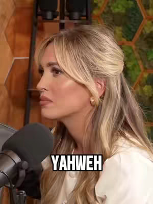 A woman with blonde hair is seen in profile, facing left and slightly upwards. She has a serious expression. A microphone is positioned in front of her. The text "YAHWEH" is overlaid in a white box at the bottom. The background is blurred with warm, neutral tones, possibly a podcast studio setting.