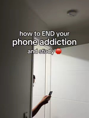 The image shows a person holding a phone, partially visible peeking around a doorway or wall. Text overlayed on the image states 'how to END your phone addiction and study'. The lighting is neutral, and the scene seems indoors.