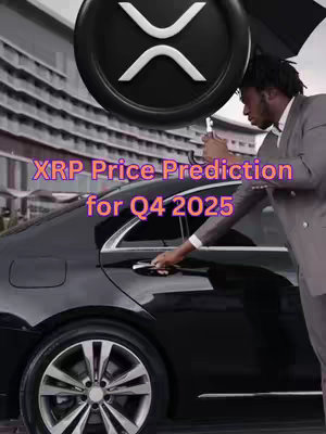 The cover image showcases a man in a suit opening a car door. Above him is the XRP cryptocurrency logo and the text 'XRP Price Prediction for Q4 2025'. The background is blurred, suggesting a city setting.