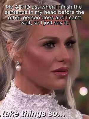 A close-up shot of a woman with blonde hair and a white, ornate top. Text overlaid on the image describes an ADHD experience.