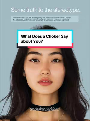 A portrait of a young woman looking directly at the camera. Her dark hair frames her face, and she wears a black choker. Above her, text overlays include a question about chokers and a header about stereotypes. The background is plain blue.