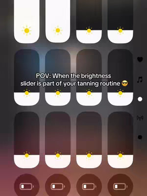 The image is a screenshot of a phone's display settings, showcasing the brightness slider in a light and dark mode layout. Above each slider are icons with a sun shape. The image presents a humorous take on how frequently people adjust their phone brightness, related to tanning.