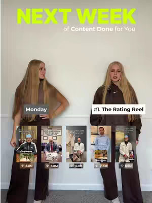 The image presents a split-screen layout featuring a light-colored backdrop. Two women with long blonde hair, dressed in casual outfits, occupy the frame. The left side has the word "Monday" in a blocky white rounded font, and the other side with the text "#1. The Rating Reel", with a layout of 5 app screenshots arranged below the creators featuring stats.