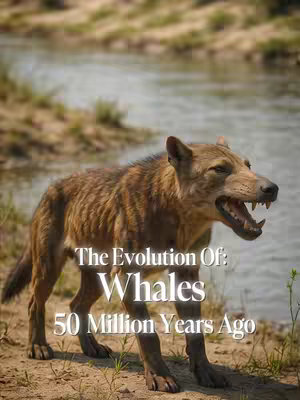 The image shows a digital illustration of an ancient animal, resembling a wolf, set in a natural environment. The animal, with brown fur and visible teeth, stands on a dirt-colored surface with a blurred background of water and grassy terrain. Text overlays the image, stating "The Evolution Of: Whales 50 Million Years Ago."