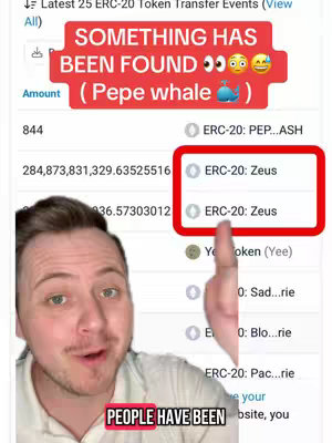 The cover image shows a man in the bottom left corner, looking toward the viewer while pointing with his right index finger.  Above him and slightly to the right is a screenshot highlighting two entries from what appears to be a crypto token transfer event. The background is a light gray and white interface.  The text overlay at the top is in a red box.