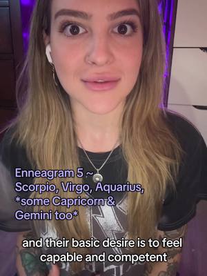 A young woman with blonde hair and fair skin is looking at the camera with wide eyes. She has a neutral expression and is wearing a black t-shirt and a silver necklace. Text overlays the image, listing zodiac signs and the Enneagram Type 5.