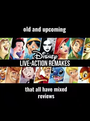 A collage-style image with a black background. In the center, the Disney logo; above, text that reads 'old and upcoming', and below 'that all have mixed reviews'. Portraits of various Disney characters, spanning from classic animations to newer live-action adaptations, are arranged on both sides of the Disney logo . The arrangement is designed to promote the live-action movies with a touch of critique or review.