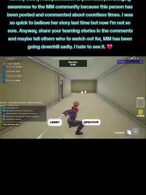 The image is a gameplay screenshot from a video game, likely a multiplayer online game, showing an in-game scene with a character in a hallway. The character, whose back is to the camera, is styled in a dark suit with red accents. The setting includes a hallway with beige walls, a light-colored ceiling, and a reflective floor. The environment and character models suggest a stylized aesthetic. Overlay text appears, positioned over this gameplay.