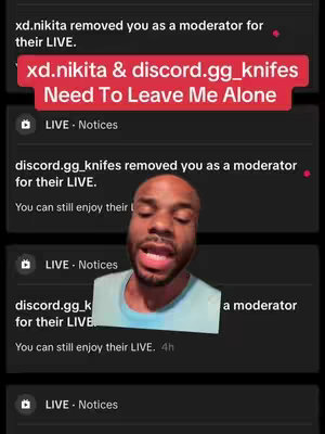 The image shows a male creator on a screen displaying a series of notifications about being removed as a moderator from various live streams on a platform, with the names "xd.nikita" and "discord.gg_knifes" highlighted. The creator appears to be reacting to these removals with a serious and slightly frustrated expression. The background consists of a gradient, and the text elements are in white and red.
