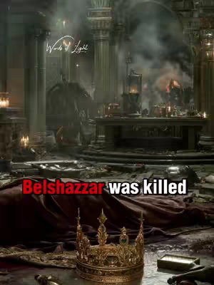 The cover image depicts a dramatic, cinematic scene set in an ancient hall or temple. The background shows a decaying, smoke-filled environment with large columns and architectural details, suggesting a historical or biblical context. Scattered debris and what appears to be a murdered person covered in a maroon cloth with a golden crown in the foreground emphasize the narrative of the video. The overlaid text in red indicates Belshazzar was killed. The overall tone is one of foreboding and historical drama.