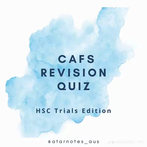 The image is a square graphic featuring a central watercolor-style splash of light blue, resembling a cloud or ink blot. Overlaid on this is dark blue text arranged vertically: 'CAFS' followed by 'REVISION' and then 'QUIZ.' Below this inscription is the line, 'HSC Trials Edition.' At the bottom, smaller text reading '@atarnotes_aus' appears, further identifying the source or brand.