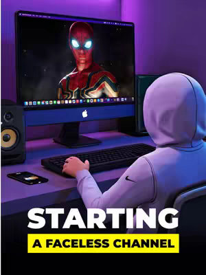 A person in a hoodie sits at a desk with a computer, with a superhero image on the display behind him. The text 'STARTING A FACELESS CHANNEL' appears in a yellow rectangle overlaid on the screen.