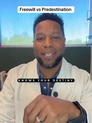 A medium shot of a man in a white coat, speaking to the camera. Text overlays at the top and bottom read "Freewill vs Predestination" and "KNOWS YOUR DESTINY". The background is a blurred, light-blue wall.