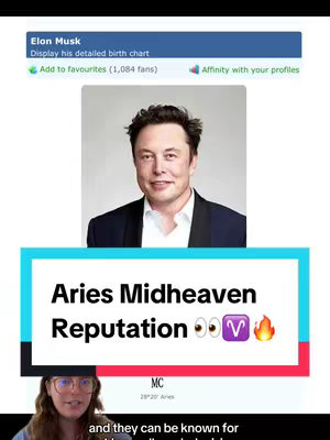 A vertical video cover featuring an overlay over a screenshot of a website featuring a photo of a man, possibly Elon Musk. The overlay has a teal background with the words "Aries Midheaven Reputation" in large white text, along with several emojis of eyes, the Aries symbol, and a flame. The woman's face can be seen at the bottom, partially obscured.