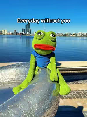 The image showcases a plush frog doll with a sad expression, placed on a metallic structure overlooking a body of water and a city skyline. The frog is green with a blue shirt and a red mouth. The background shows a sunny day.