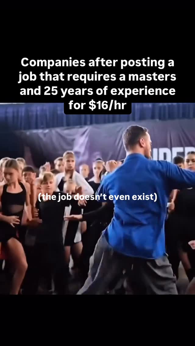 The image is a group of dancers standing in a studio. The main focus is on the back of a man in a blue shirt. The image has text overlay that discusses job requirements.