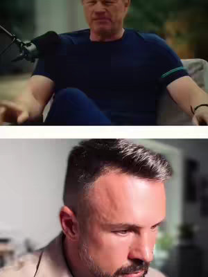 The cover image is split into two sections. The top half shows a man in a blue shirt sitting in a chair with a microphone, likely in a podcast setting. The bottom half zooms in on a man's face with short, dark hair and a beard. The colors are muted, with a focus on skin tones and a darker background.