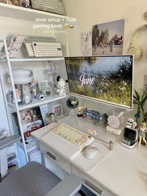 A well-lit photograph of a neatly organized desk space, showcasing a modern aesthetic. A large, curved monitor displays a natural scene with a water element and the word "June" overlaid on it. Below the monitor, a white mechanical keyboard is placed on a clear acrylic desk setup. The desk is adorned with various decorative elements: figurines, small statues, framed photos, and other accessories that contribute to a cute and curated look. A white shelving unit against the wall to the left holds more items, including books, another keyboard, and decorative objects. The color scheme is bright and clean, dominated by white, with pops of color from the items on display. The overall impression is one of a functional, aesthetically pleasing workspace.