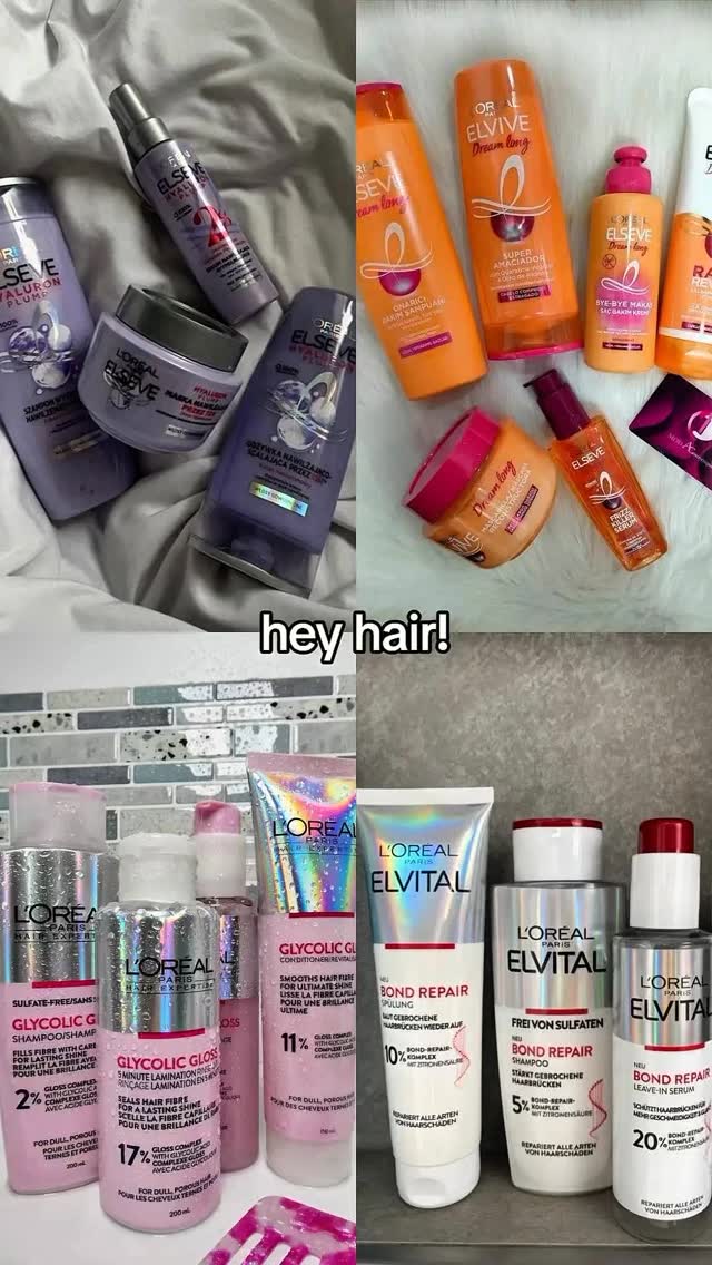 The cover image is a split screen showcasing various L'Oreal hair care products against a white background, alongside the text "hey hair!"