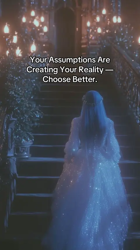A woman in a sparkling white gown ascends a grand staircase. The image is softly lit, with a dreamy quality enhanced by the bokeh effect of lights in the background. The woman's back is to the viewer, emphasizing the solitary journey and creating a sense of mystery. The text overlay offers motivational advice suggesting that the audience's assumptions create their reality.