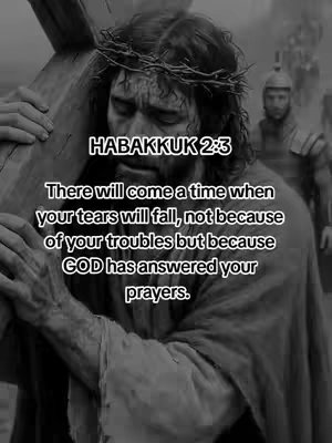 A grayscale image featuring a man with long hair and a crown of thorns on his head, possibly Jesus. He is carrying a wooden cross over his shoulder. Text overlays on the image include a Bible verse and the hook. The background is blurred, showing other figures.