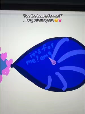 The image appears to be a hand-drawn illustration, likely created on a digital drawing platform or tablet. The central focus is a stylized blue shape resembling an eye or an abstract form, with curved lines suggesting depth. Inside it, in a handwritten-style font, are the words "it's for me? omg". To the left of the blue shape, a cluster of pink hearts has been drawn. Above the main blue shape, text overlayed in an informal style reads "Are the hearts for me?" ...boy, ofc they are 😊 💗". The overall aesthetic is playful and informal.