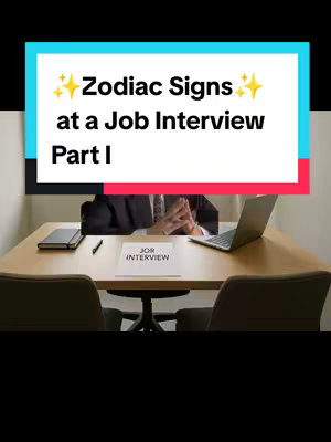 The image shows a scene of a job interview with text overlays. In the center, a table has a sign saying 'JOB INTERVIEW' on it. There is a person seated behind the table, but their face is mostly obscured. The background behind the table is plain. The layout includes text elements at the top, set within a colored rectangular background.