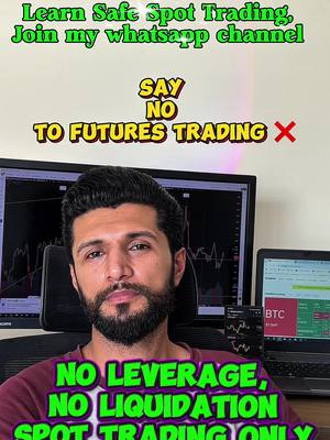 The cover image features a man in a maroon shirt seated in front of a computer setup. Overlayed text in vibrant green and yellow promotes learning safe spot trading, joining a WhatsApp channel, and avoiding futures trading. The man has a serious expression.