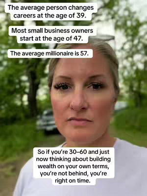 A woman with blonde hair and a serious expression stands in front of a blurry background of trees and a road. Text overlays on the image provide information about career changes and building wealth.