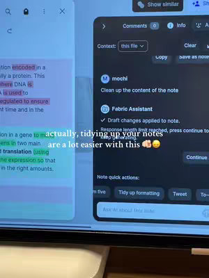 The cover image shows a screen recording of a note-taking app. The left side of the screen displays a document with highlighted text. The right side shows a note-taking app interface with a comment and context section.
