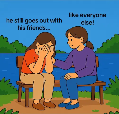 An illustrated image featuring two figures seated on a park bench. One figure, on the left, appears distraught, with their face covered by their hands and dressed in orange and beige. The other, on the right, is offering comfort, with the hand placed on the other figure dressed in purple and blue, as a river and lush background lies.