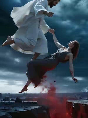 An image depicting a dramatic scene. A man in white robes is reaching down to a woman in a long dress as they float over a gap of fire and rocks. The background has a stormy sky.