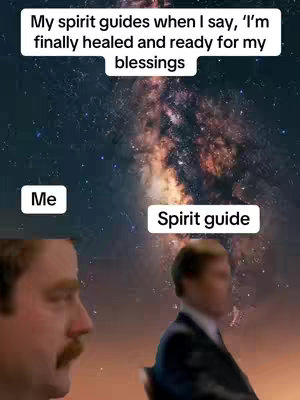 A split-screen meme-style image. The top half shows a starry galaxy backdrop with text overlays. The bottom half features two men; one looking from the side with a mustache, another one is blurred.