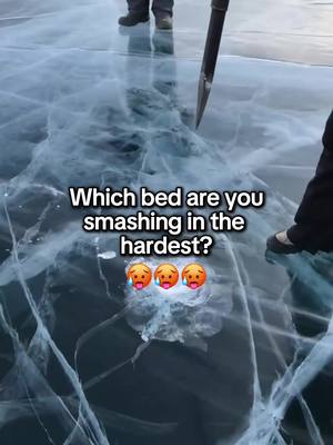 An aerial shot of a frozen lake surface with visible cracks and blue hues. The text overlay asks a daring question, including distressed emoji.