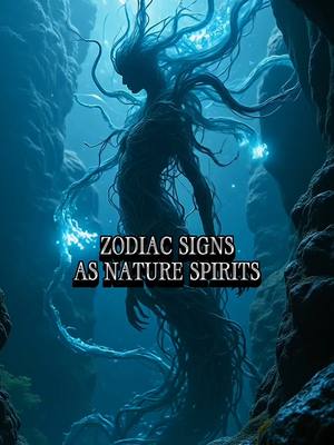 The cover image shows a stylized illustration of a humanoid figure emerging from a misty, blue-toned environment. The figure has long, flowing hair that seems to blend with the surrounding water or mist. Glowing, light-blue orbs or energy emanate from the figure's hands and hair, suggesting a mystical or magical theme. The background consists of dark, textured rock formations that partially frame the figure, creating a sense of depth and mystery. Overlayed on the image, centrally positioned, is the bold white text with a dark background, reading 'ZODIAC SIGNS AS NATURE SPIRITS.'.