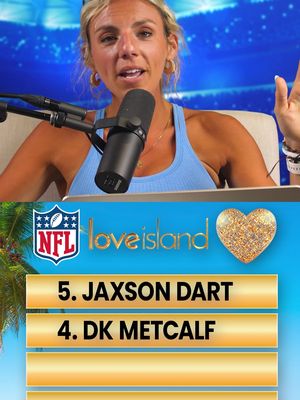 A woman with blonde hair, wearing a blue top, is speaking into a microphone. A screen below shows a graphic of the NFL logo, Love Island logo, and a list of players. The background is a blue gradient with some blurred lights.